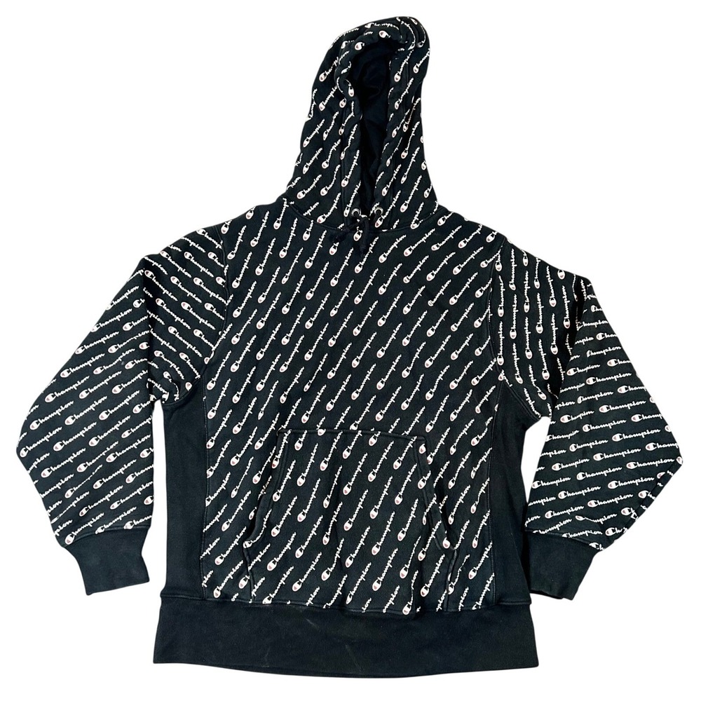 Champion Reverse Weave Hoodie Mens Large Black All Over Script Logo Pullover‎